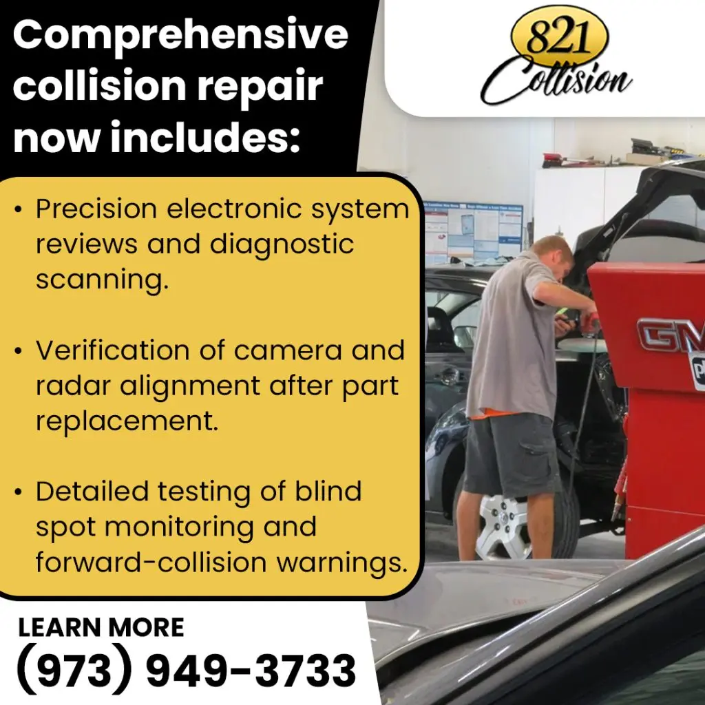 Technician performing collision repair diagnostic scanning and post-repair camera and radar alignment verification at 821 Collision Center.