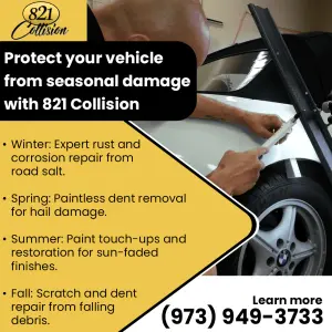 Auto body technician performing repair on a white car, highlighting 821 Collision's seasonal services for rust, hail, sun damage, and falling debris.