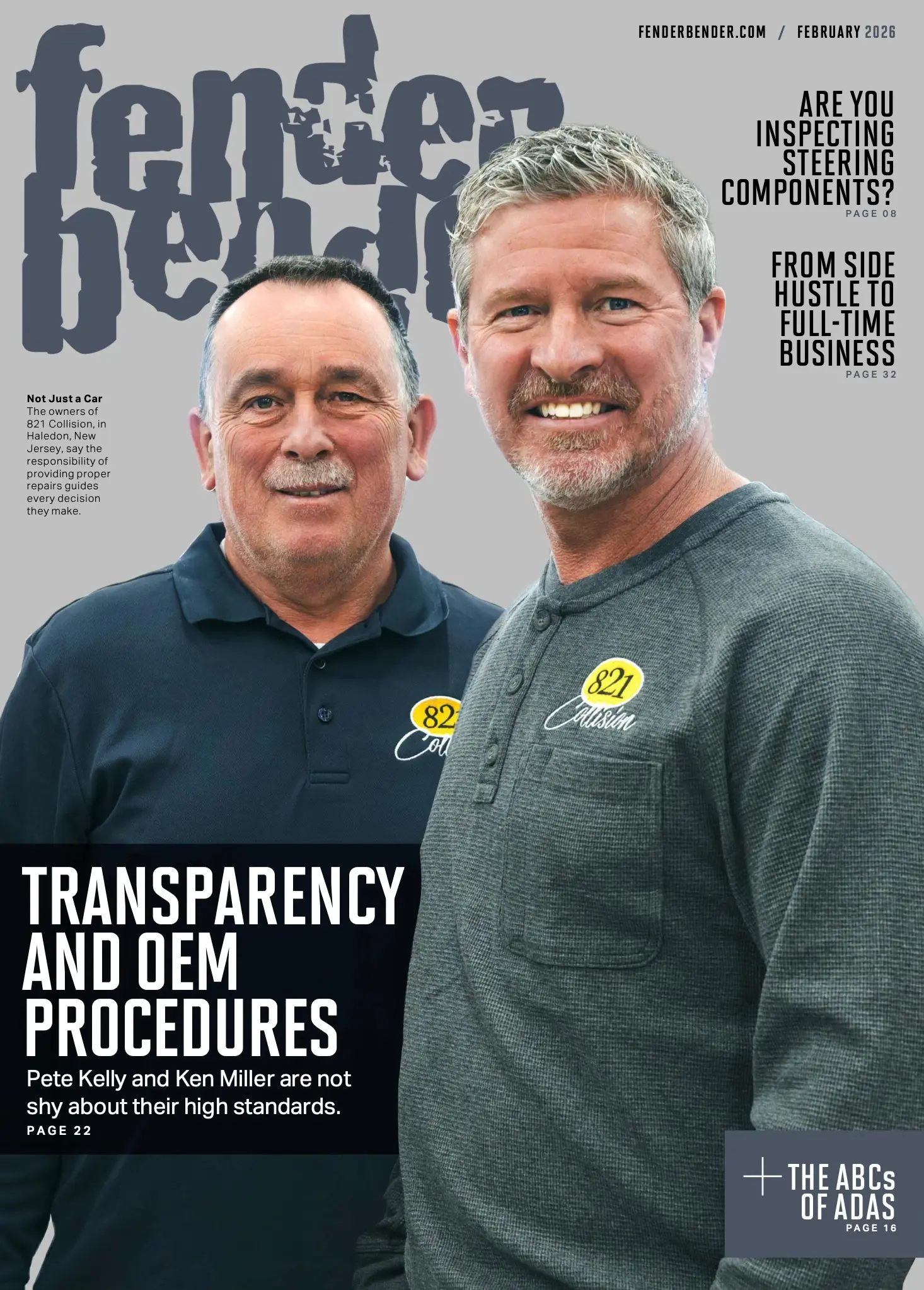 FenderBender magazine February 2026 cover story featuring 821 Collision owners Ken Miller and Pete Kelly