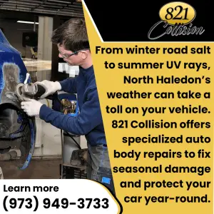 Auto body technician sanding a car panel to repair weather damage from winter road salt or summer UV rays at 821 Collision in North Haledon. Specializing in seasonal auto body repairs to protect vehicles year-round.