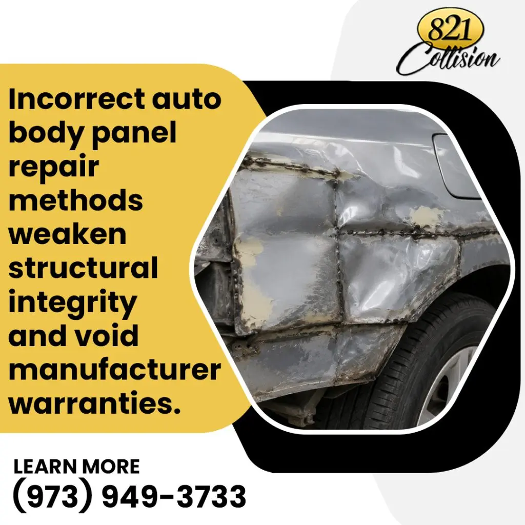 A poorly repaired and welded silver car quarter panel displaying rough seam welds and body filler patches next to text warning about compromised structural integrity.