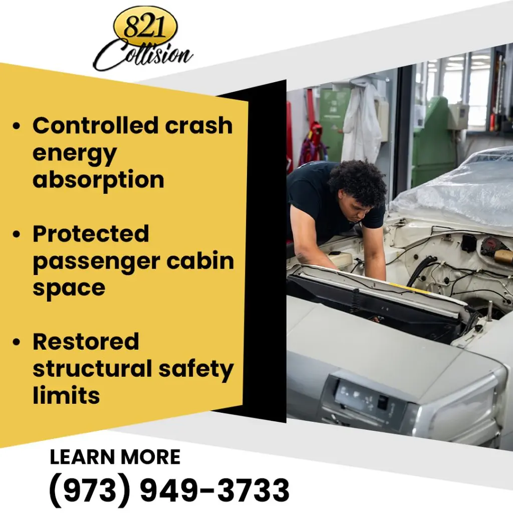 A mechanic inspecting and working inside the disassembled front engine bay and frame of a vehicle next to bullet points on restored structural safety limits.