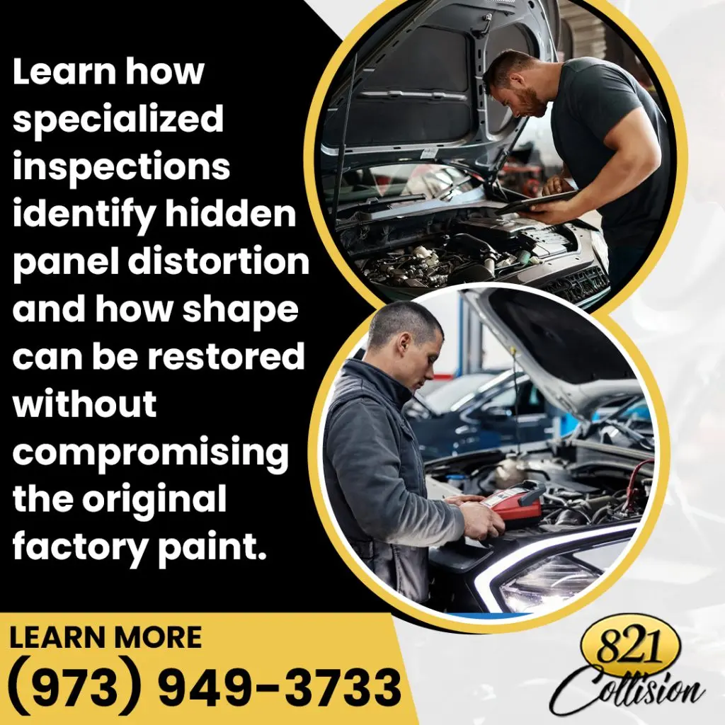 Technicians performing specialized inspection and diagnostic evaluation at 821 Collision Center to identify hidden panel distortion and preserve original factory paint.
