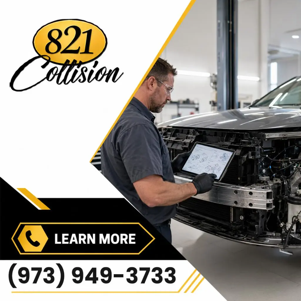 An auto body technician using a digital tablet to review repair schematics in front of a disassembled vehicle front end.