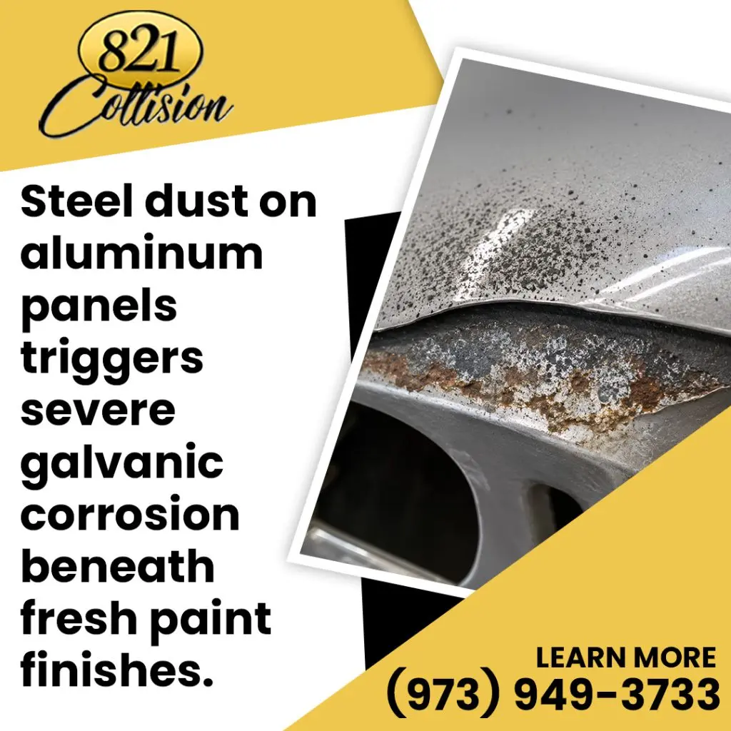 Close-up of severe galvanic corrosion and paint bubbling on an aluminum car fender panel caused by steel dust contamination.