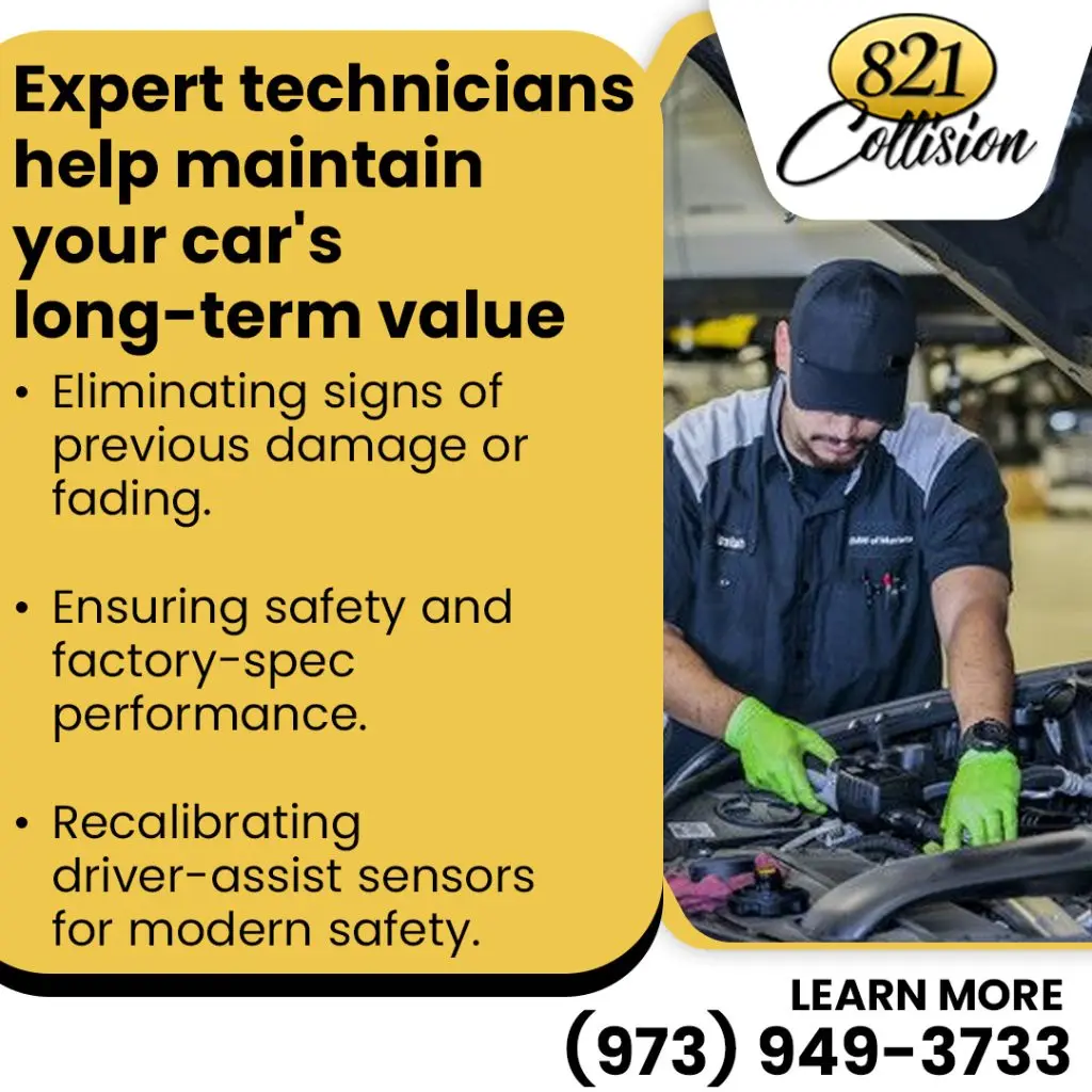 Auto technician performing vehicle diagnostics and ADAS recalibration at 821 Collision to maintain factory-spec safety and performance.
