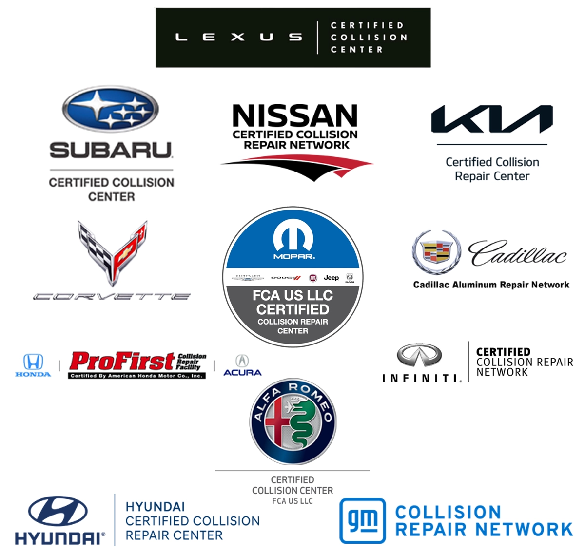 all the certification icons that 821 Collision holds