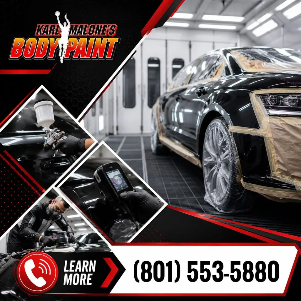 A black luxury car masked inside a paint spray booth with insets showing a computerized spectrophotometer color-matching tool, spray gun application, and clear coat buffing.