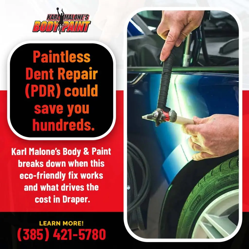 Technician performing paintless dent repair on car panel in Draper Utah to remove dents without repainting