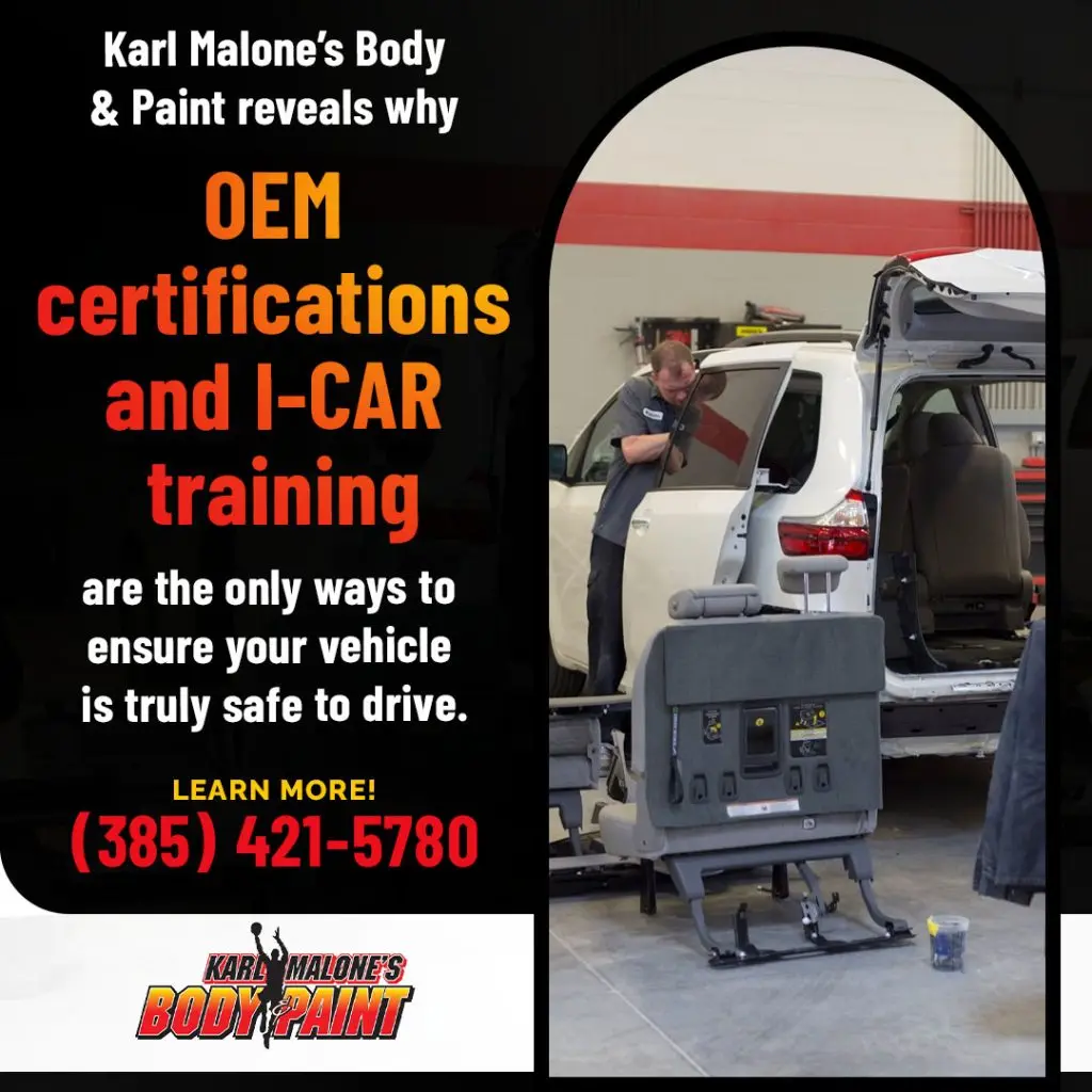 Technician performing OEM certified collision repair with I-CAR training to ensure vehicle safety