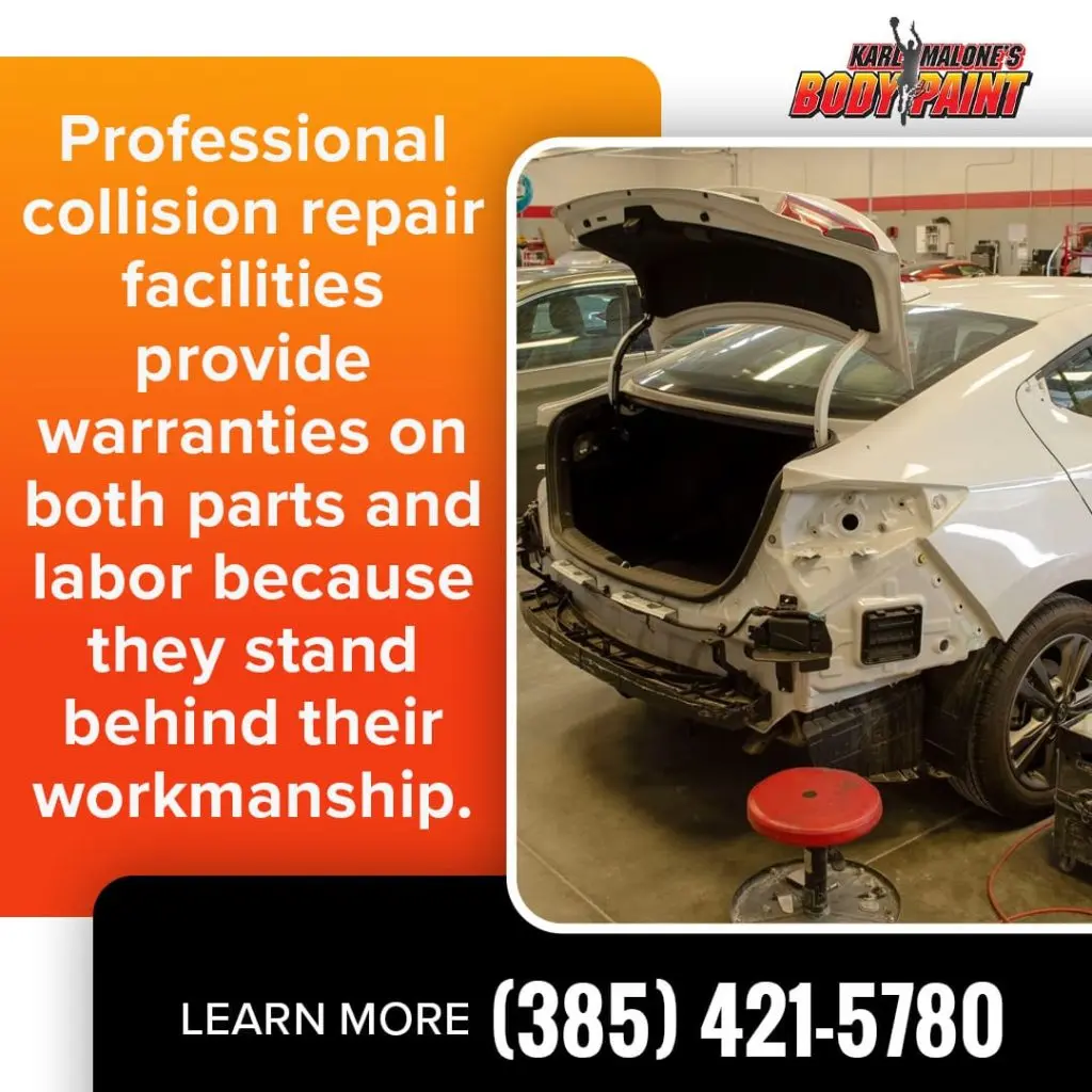 Rear view of a white car undergoing collision repair at Karl Malone's Body & Paint, highlighting their commitment to providing warranties on parts and labor.