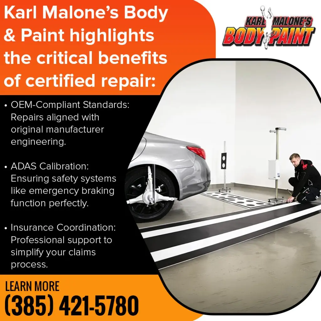 Technician setting up ADAS calibration equipment beside a silver vehicle at Karl Malone’s Body & Paint for OEM-compliant collision repair