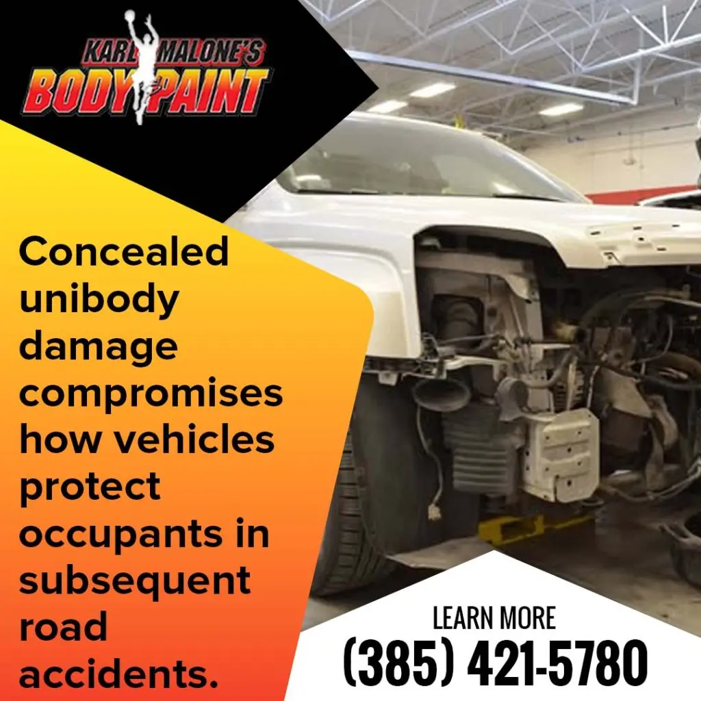 Front structural frame of a white SUV with the bumper and headlight assembly removed inside a repair shop next to text regarding concealed unibody damage safety risks.