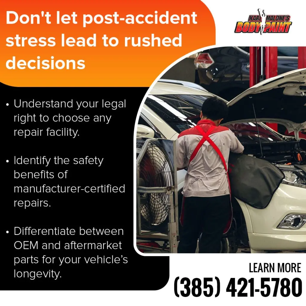 Auto body technician inspecting a vehicle during collision repair at Karl Malone’s Body & Paint in Draper, Utah