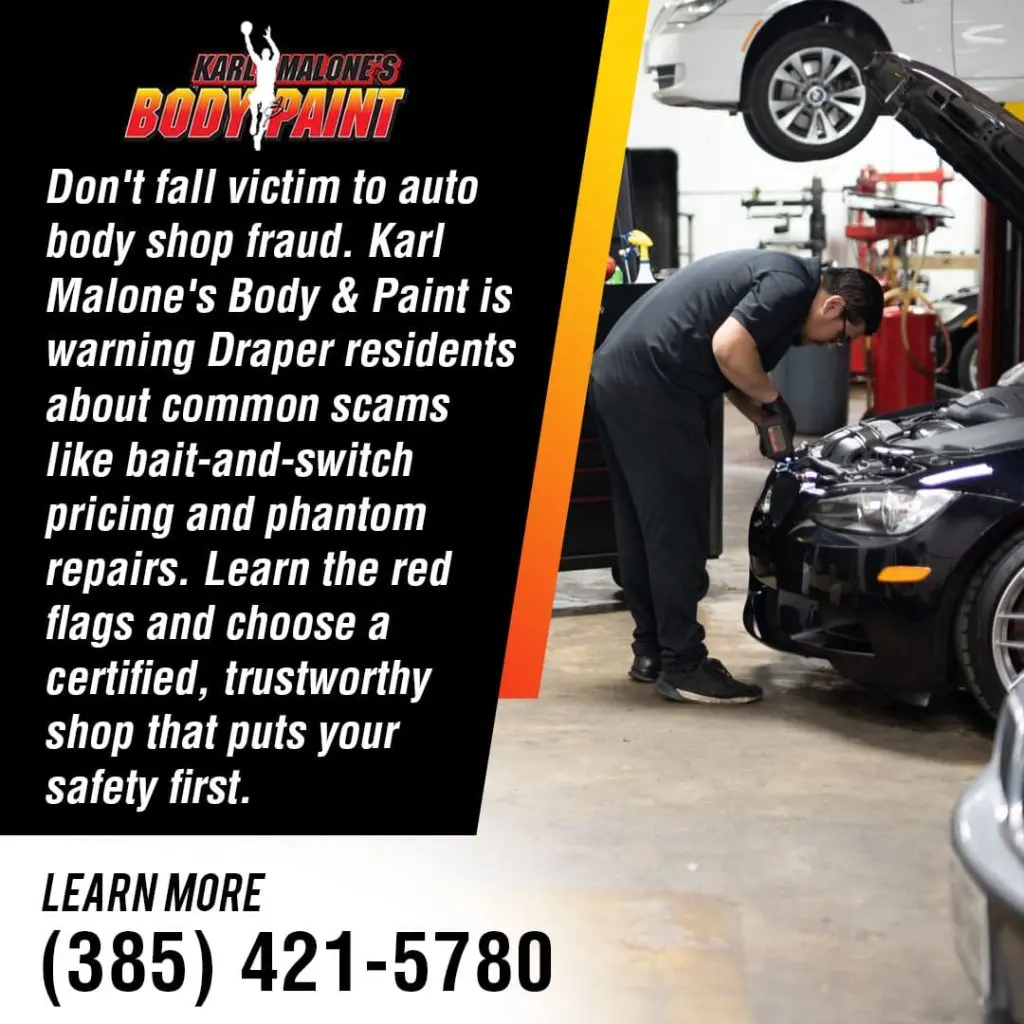 A certified mechanic inspects the front of a black BMW in a professional auto body shop. The image warns Draper residents about common auto repair scams like bait-and-switch pricing and phantom repairs.