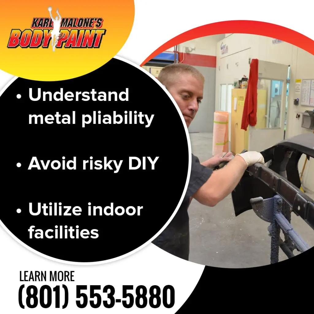 An auto technician wearing protective gloves sanding a vehicle bumper assembly inside a body shop service bay alongside bullet points emphasizing professional dent repair.