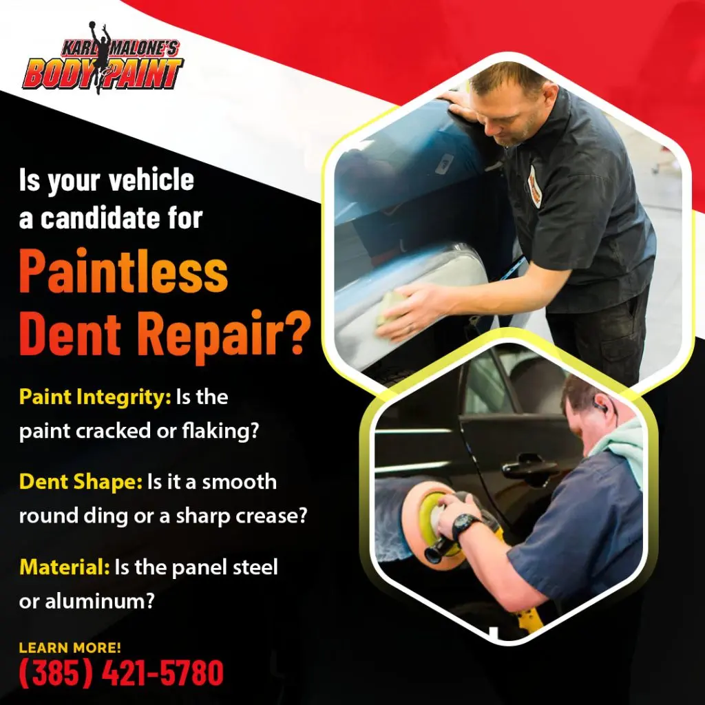 Technicians assessing vehicle for paintless dent repair in Draper Utah checking paint condition and dent shape