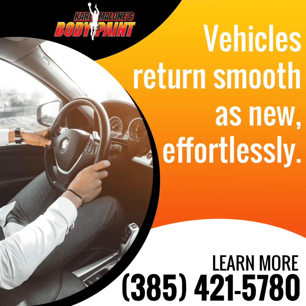 A driver's hands on the steering wheel, representing a vehicle that has been returned smooth as new and effortlessly repaired by Karl Malone's Body & Paint.