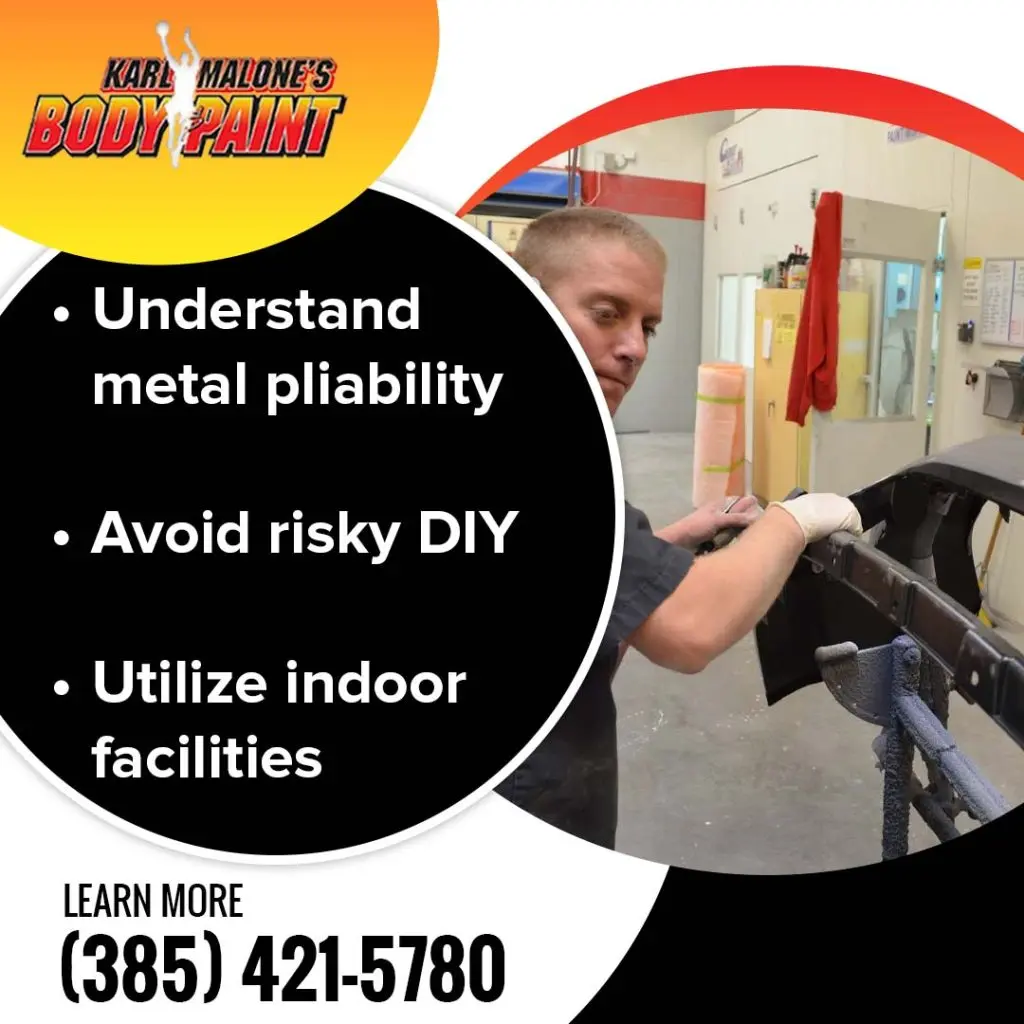 An auto technician wearing protective gloves sanding a vehicle bumper assembly inside a body shop service bay alongside bullet points emphasizing professional dent repair.