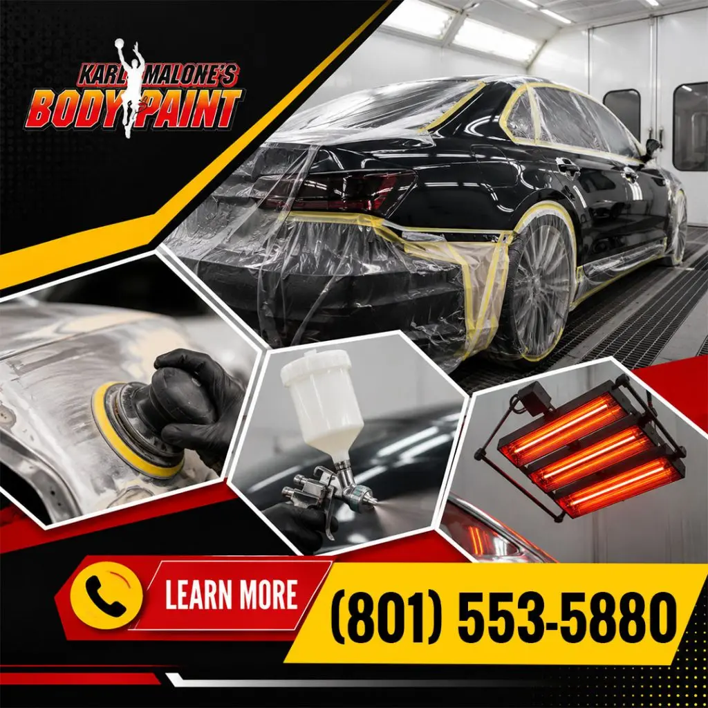A masked black car inside a paint booth featured alongside panels showing auto body sanding, paint spray gun application, and an infrared curing lamp.