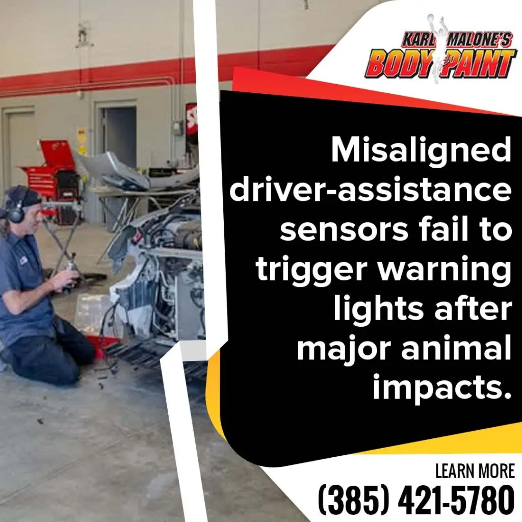 An auto body technician working on a disassembled front bumper during collision repair next to text about driver assistance sensor misalignment.