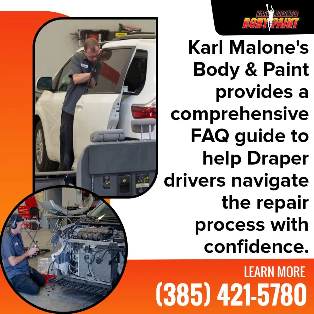 Auto body technician performing collision repair on a vehicle at Karl Malone’s Body & Paint in Draper, Utah