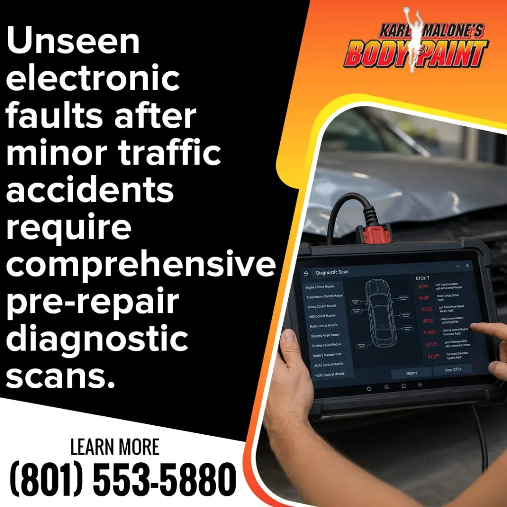 A technician operating a handheld OBD-II diagnostic tablet displaying active vehicle fault codes (DTCs) in front of an open car engine bay.