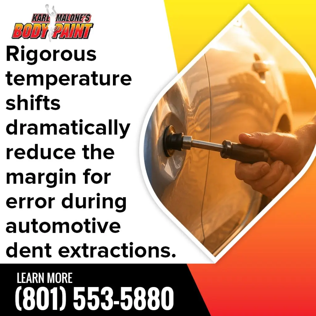 A hand using a specialized suction cup extraction tool to perform paintless dent repair on a vehicle door panel next to text regarding temperature shifts in dent extraction.