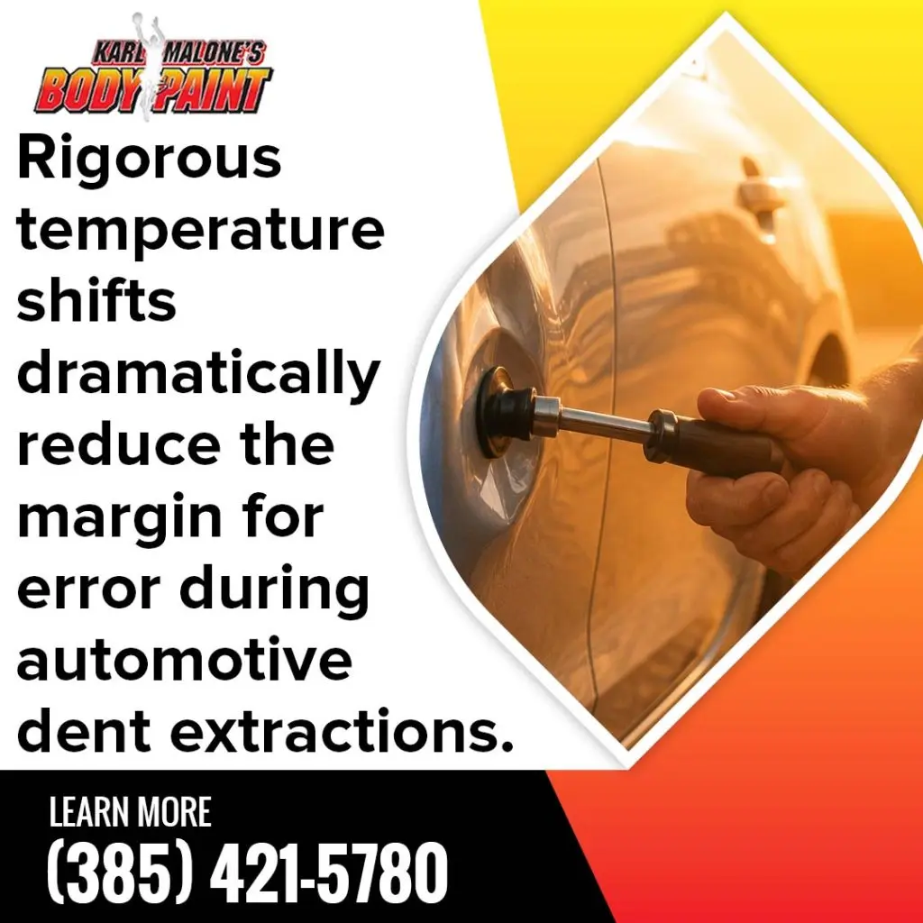A hand using a specialized suction cup extraction tool to perform paintless dent repair on a vehicle door panel next to text regarding temperature shifts in dent extraction.