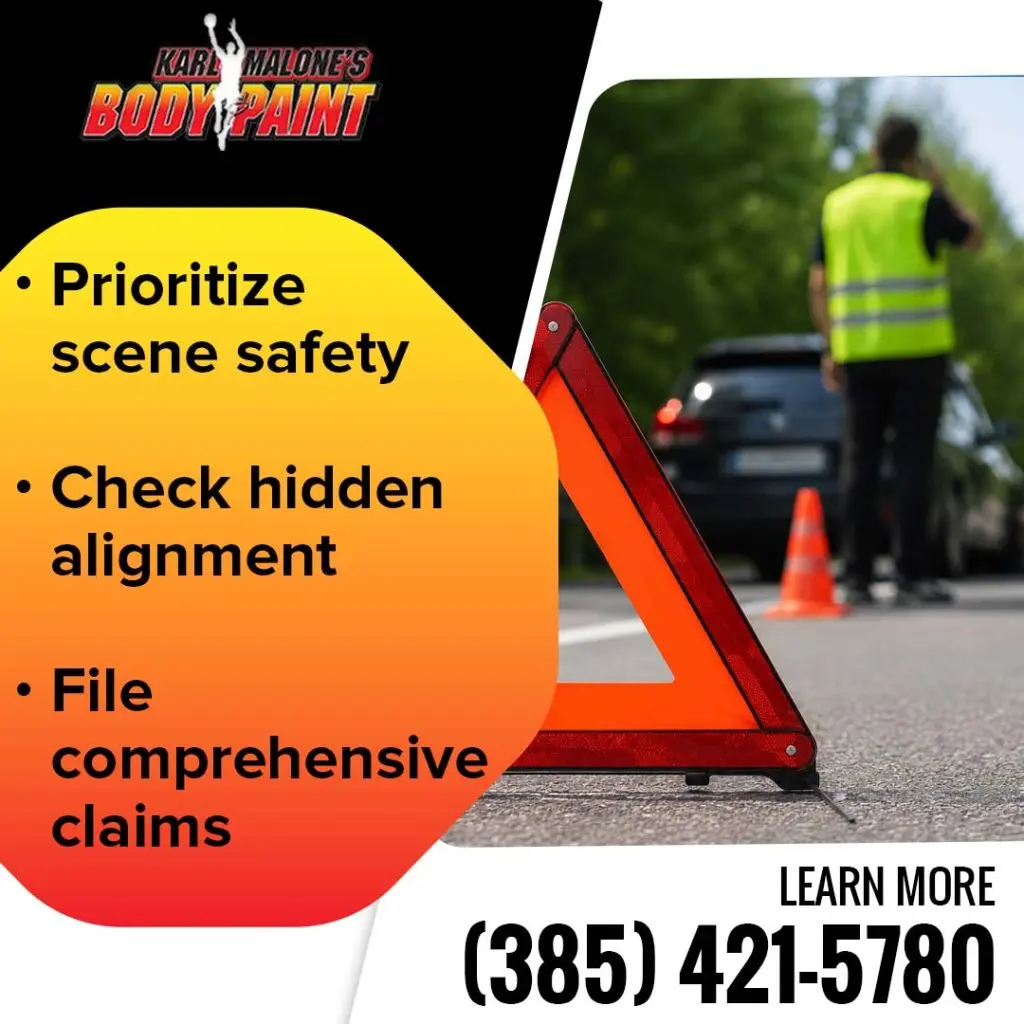 An orange reflective warning triangle set up on a road shoulder with a safety worker in a high-visibility vest standing near a stopped vehicle in the background.