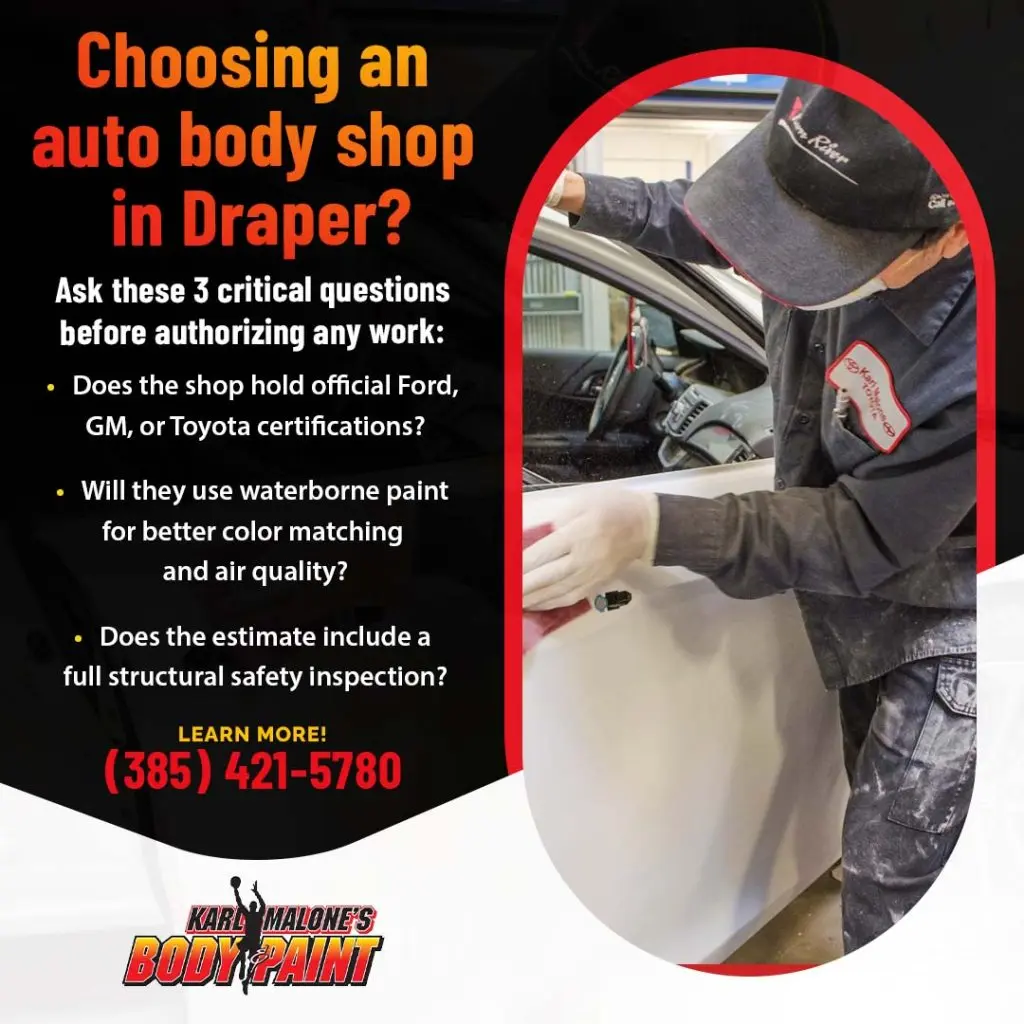 Technician performing collision repair at auto body shop in Draper Utah using OEM certified methods