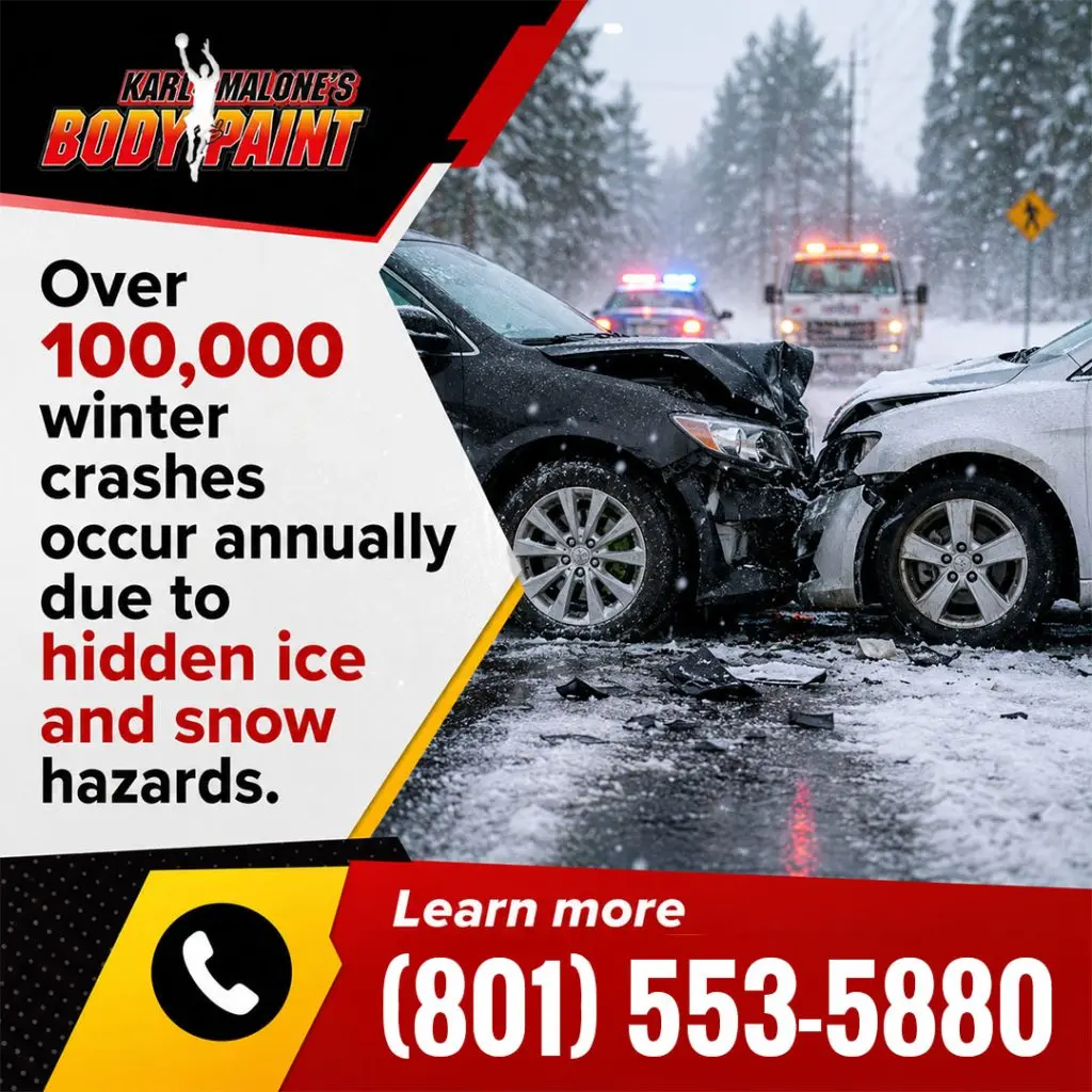Two cars involved in a head-on winter collision on a snowy, icy road with emergency vehicles responding in the background.
