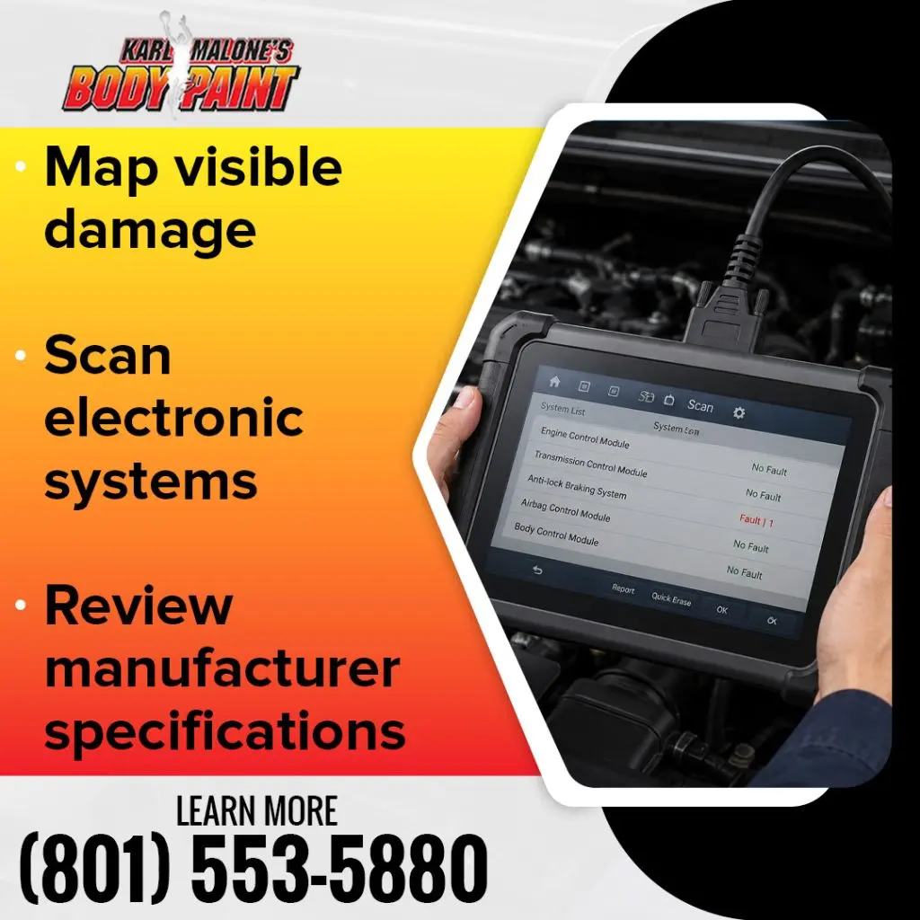 Hands holding a diagnostic scanner tool showing system status checks and an active airbag control module fault readout.