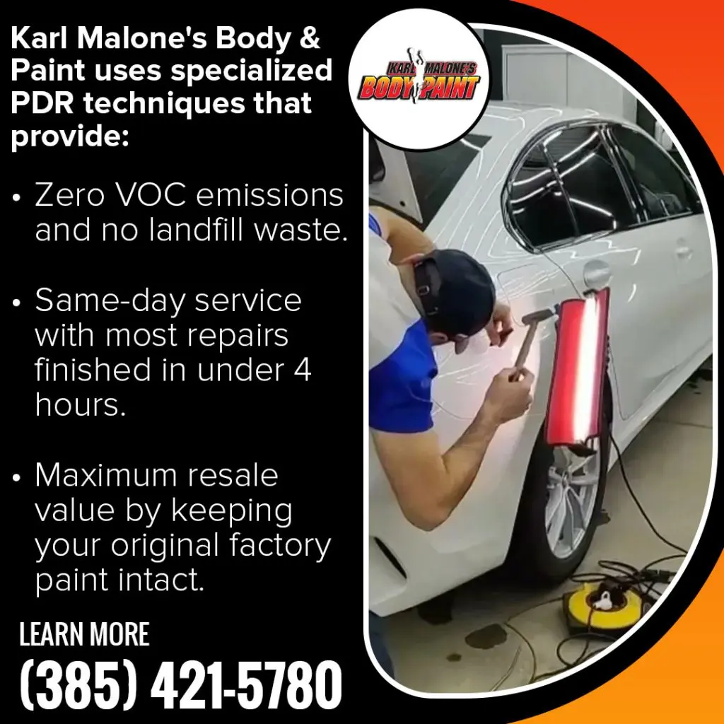 Technician using paintless dent repair tools to remove a dent from a white car at Karl Malone’s Body & Paint in Draper, Utah