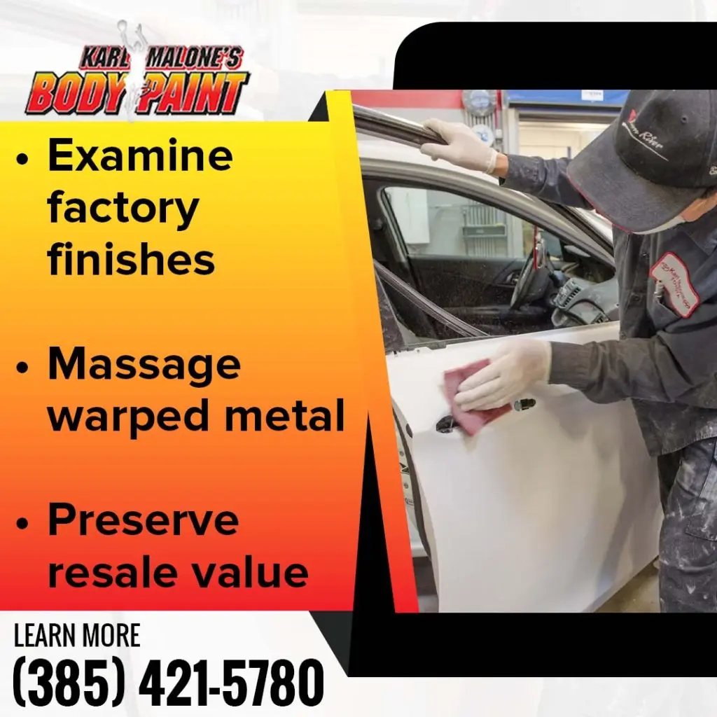 A technician wearing white gloves carefully sanding a white vehicle door panel next to text about preserving resale value and examining factory finishes.