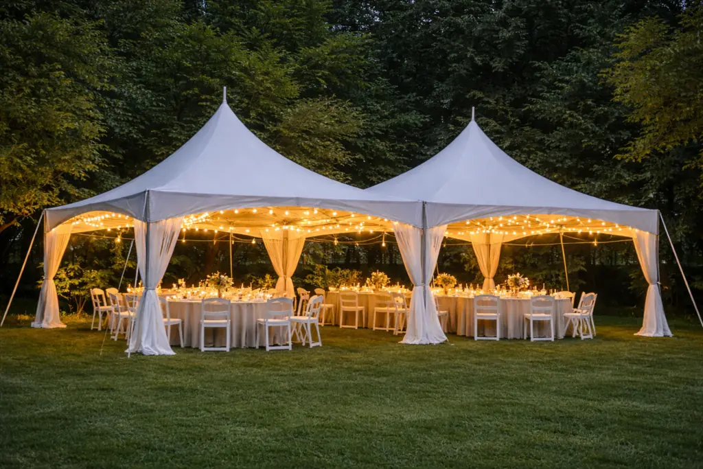 Elegant white wedding tent rental setup for an outdoor event in the Chicagoland area