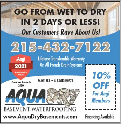 Discount coupon for Aqua Dry Basement Waterproofing, promoting 10% off for Angie members, featuring contact number 215-432-7122, and highlighting a lifetime transferable warranty on French drain systems.