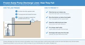 Diagram showing how a sump pump discharge line freezes, with ice forming at the outlet and spreading back toward the house, plus a five point winter prevention checklist