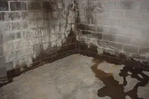 Water seeping through a basement floor after heavy rain and pooling beside concrete block walls