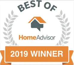 Best of HomeAdvisor 2019 Winner badge featuring a house icon and laurel wreath, highlighting Aqua Dry Basement Waterproofing's recognition for excellence in services.