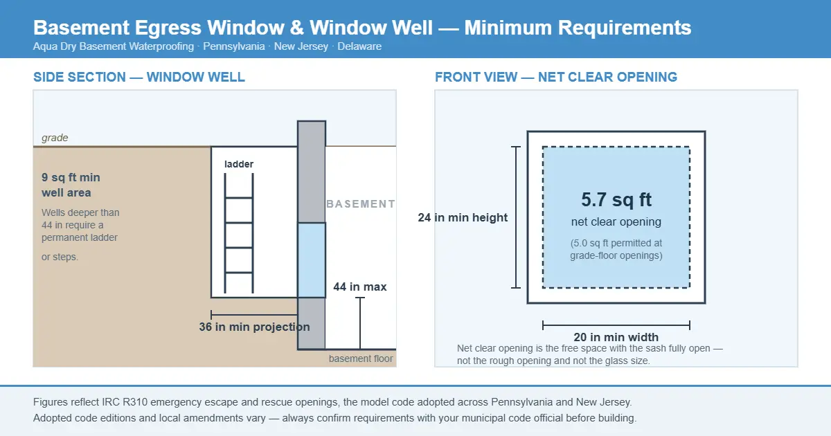 Diagram of basement egress window code requirements showing 5.7 sq ft net clear opening, 24 inch minimum height, 20 inch minimum width, 44 inch maximum sill height, and a 9 sq ft window well with 36 inch projection