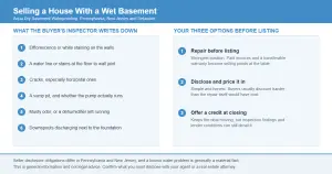 Checklist of what a buyer home inspector flags in a wet basement, including efflorescence, floor joint stains, cracks, sump pit and downspouts, alongside three seller options before listing