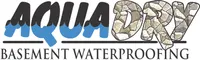 Aqua Dry Basement Waterproofing logo featuring stylized text in blue and stone textures, representing moisture protection services for homes.