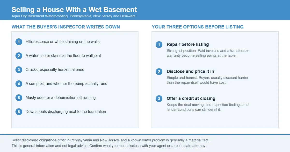 Checklist of what a buyer home inspector flags in a wet basement, including efflorescence, floor joint stains, cracks, sump pit and downspouts, alongside three seller options before listing