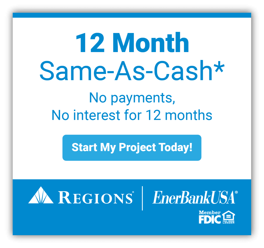 12-month same-as-cash loan advertisement featuring "No payments, No interest for 12 months" and call-to-action "Start My Project Today!" from Regions and EnerBank USA.