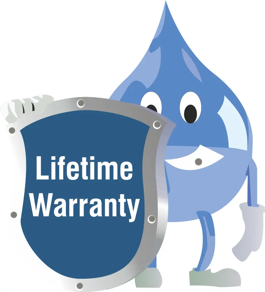 Blue cartoon water droplet character holding a shield with "Lifetime Warranty" text, representing Aqua Dry Basement Waterproofing's commitment to quality service and customer assurance.