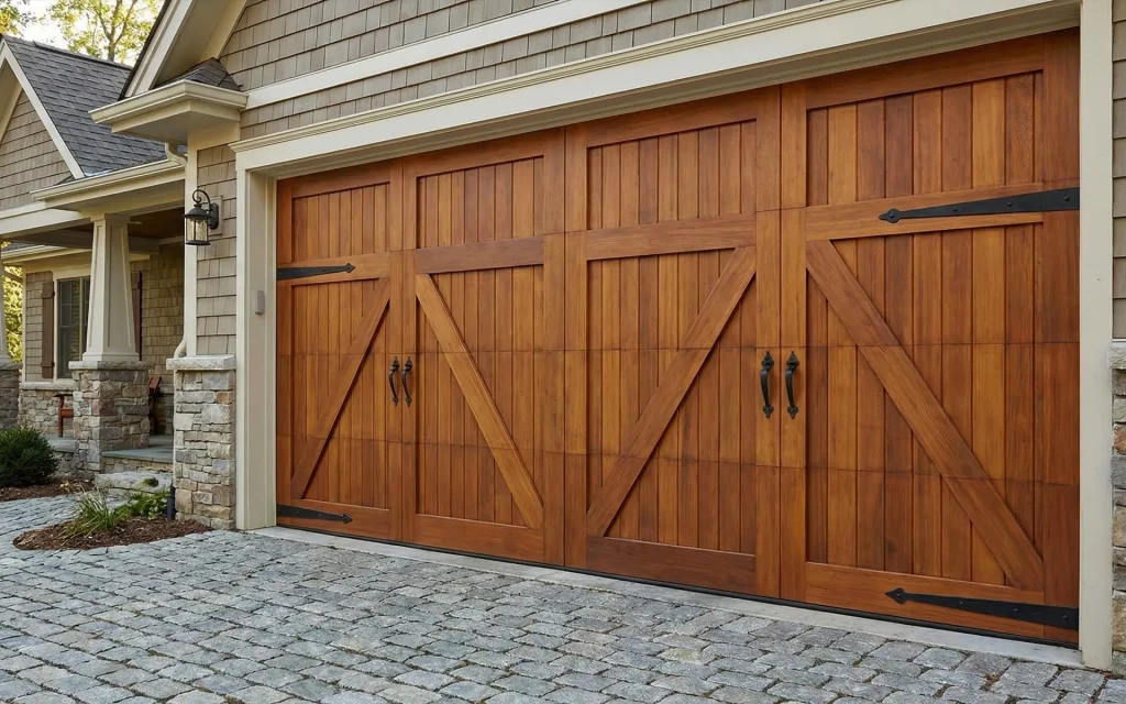 Classic wooden carriage-style garage door.