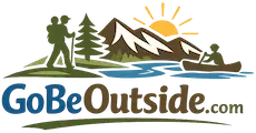 GoBeOutside.com logo with a hiker, paddles, mountains, a pine tree, and the sun coming up from the mountains.