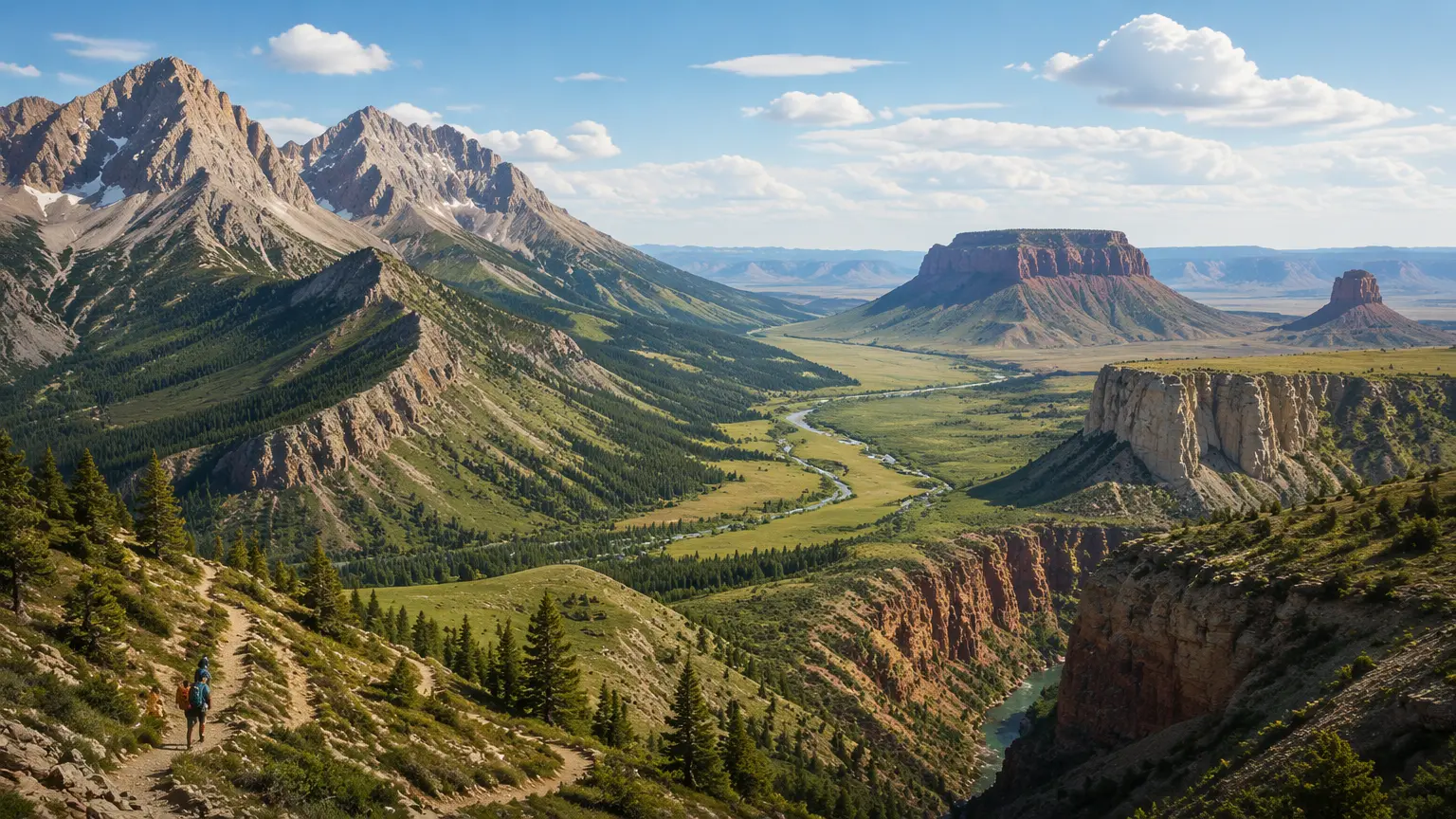 Illustrated outdoor landscape showing a mountain pass, ridge, saddle, coulee, valley, bluff, canyon, and other geographic landforms