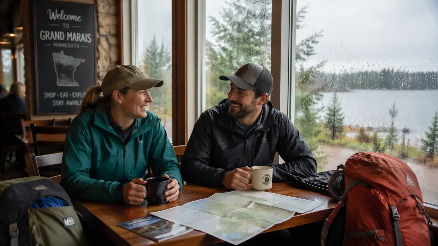 A couple taking a break inside a cozy lakeside café while rain falls outside, waiting for better weather before continuing their outdoor plans.